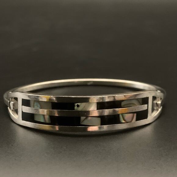 Vintage 925 Sterling Silver Black Onyx & Abalone Mother Of Pearl Inlay Bracelet